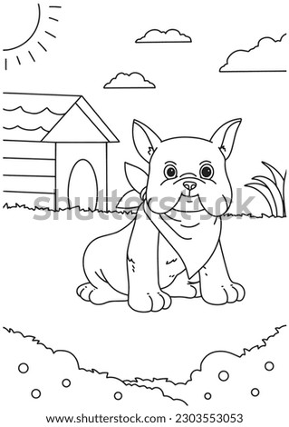 Children coloring book page cute dog in front of home illustration