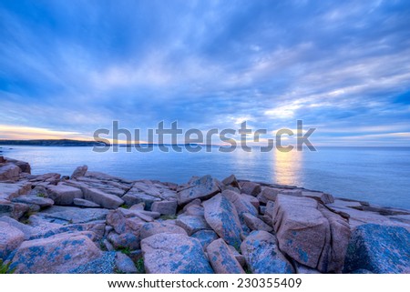The rocky coastline of Maine shows off in Acadia National Park, in the New England area of the USA.