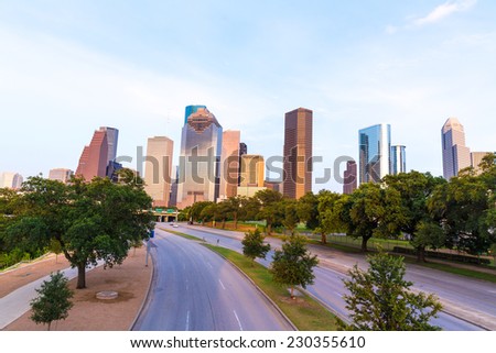 Houston skyline at sunset from Allen Pkwy Texas USA US America