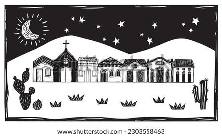 Village of simple houses and small church, night with moon and stars in the interior of Brazil, woodcut vector, in the Cordel style of the Brazilian Northeast Royalty-Free Stock Photo #2303558463