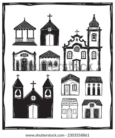Village of simple houses and baroque churches, in the interior of Brazil, woodcut vector, in the cordel style of northeastern Brazil Royalty-Free Stock Photo #2303558861