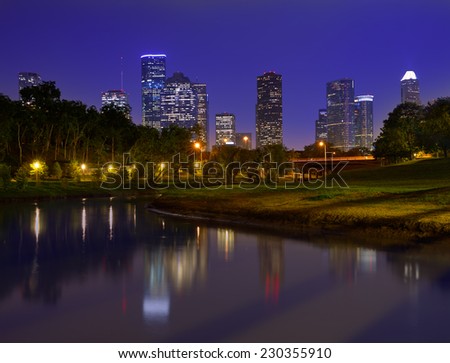 Houston sunset skyline from Memorial park at Texas US