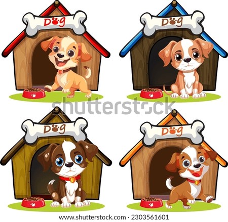 Dog in front of dog house illustration