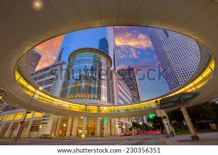 Houston Downtown sunset modern skyscrapers at Texas US USA