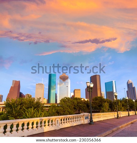 Houston skyline at sunset from Sabine St bridge Texas USA US America