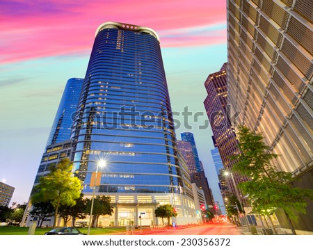 Houston Downtown skyline sunset modern skyscrapers at Texas US USA