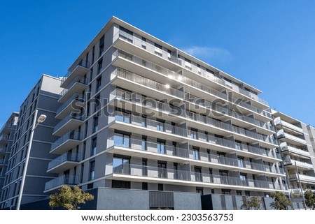 Big gray apartment buildings seen in Badalona, Spain Royalty-Free Stock Photo #2303563753