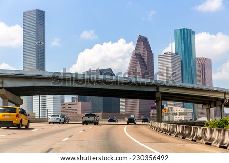 Houston skyline from Gulf Freeway I 45 interstate traffic at Texas US USA