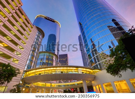 Houston Downtown sunset modern skyscrapers at Texas US USA