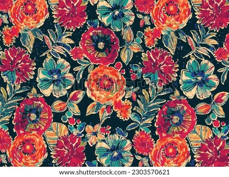 multicolor a solid many kind of abstract big and small blooming flower with dark background, all over illustration digital vector image for textile or wrapping paper printing factory Royalty-Free Stock Photo #2303570621