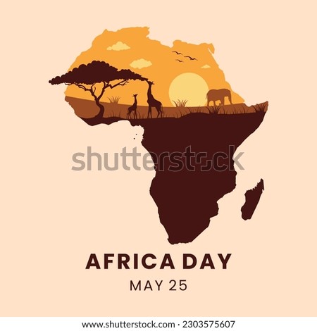 World Africa Day Illustration with Africa map and silhouette animals' giraffe and elephant on sunset Royalty-Free Stock Photo #2303575607