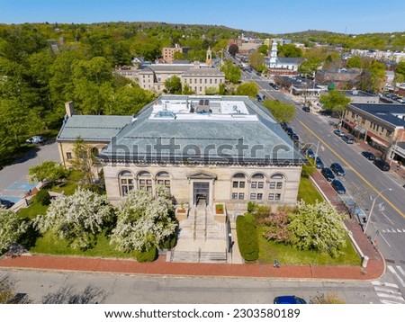 Robbins Library is the public library at 700 Massachusetts Avenue in historic town center of Arlington, Massachusetts MA, USA.  Royalty-Free Stock Photo #2303580189