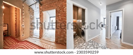 Comparison of old apartment before restoration and new renovated flat with modern interior design. Apartment with underfloor heating pipes and washing machine in bathroom before and after renovation. Royalty-Free Stock Photo #2303590259
