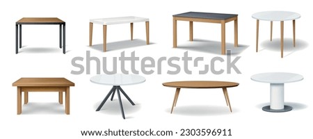 3D tables. Kitchen stand furniture. Desk with platform and legs. Office plastic stage. Dining wooden tabletop. Isolated objects for showroom. Vector realistic furnishing elements set Royalty-Free Stock Photo #2303596911
