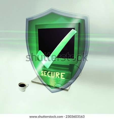Shield, computer and check for cybersecurity, safe data or information on web by studio background. Pc, cyber security and programming with 3d holographic logo for malware, tech and virus protection