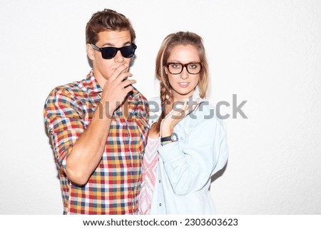 Portrait of cool couple at party, sunglasses on face and gen z fashion with university culture in youth. Nerd students, woman and man in crazy picture at college, hipster people on wall background.