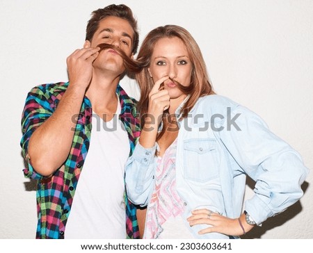 Funny portrait of cool couple with goofy face, gen z fashion and university culture with crazy hipster youth. Happiness, woman and man with fun at college, hair moustache on white wall background.