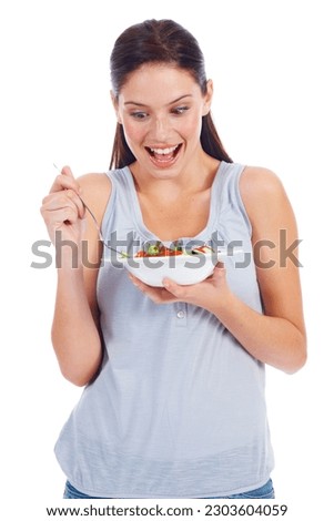 Happy woman, studio surprise and wow salad for weight loss diet, vegan healthcare or vegetables for wellness lifestyle. Food bowl, nutritionist and health model eating isolated on white background