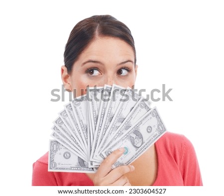 Goal, winner and finance with woman and money for investment, success and growth. Cash, dollar and wow with face of girl customer isolated on white background for financial, deal and promotion