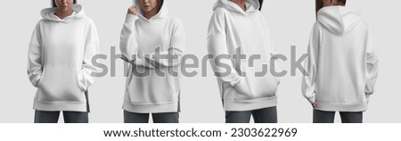 Long white hoodie mockup on girl, front, back view, fashionable apparel for design, brand, pattern. Product photography set for commerce. Streetwear template, female shirt isolated on background. Royalty-Free Stock Photo #2303622969