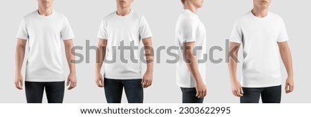 White t-shirt mockup on guy, front, side, back view, product photography for commerce, promotion. Set of men's streetwear, shirt isolated on background. Apparel template for design, brand, pattern.