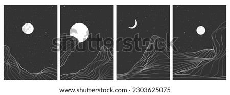 Mountain line art print on set. Abstract mountain contemporary aesthetic backgrounds landscapes. with mountain, desert, skyline and moonlight. vector illustrations Royalty-Free Stock Photo #2303625075