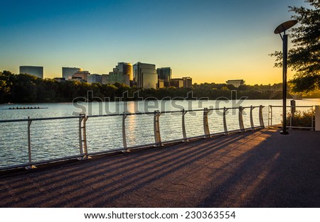 The Rosslyn skyline at sunset, seen from the Georgetown Waterfront in Washington, DC.