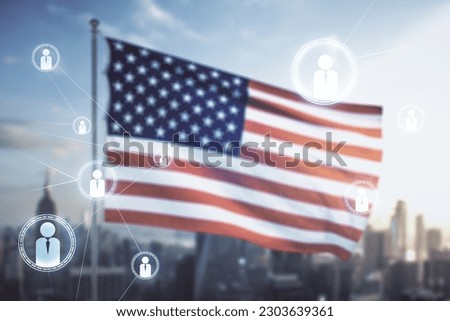 Double exposure of abstract virtual social network icons on USA flag and blurry cityscape background. Marketing and promotion concept