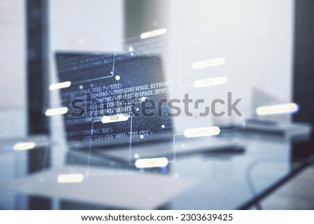 Double exposure of abstract programming language on laptop background, research and development concept