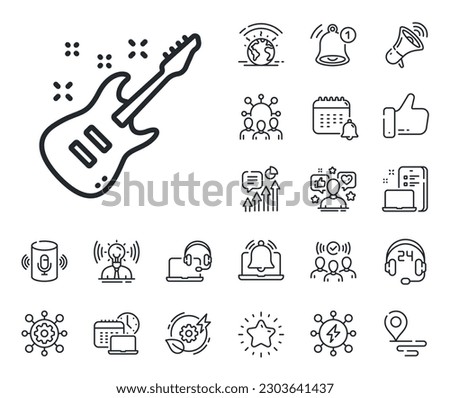 Music sign. Place location, technology and smart speaker outline icons. Electric guitar line icon. Musical instrument symbol. Electric Guitar line sign. Influencer, brand ambassador icon. Vector