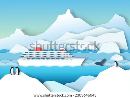 Antarctica cruise paper cut vector background. North scenery with icebergs floating in ocean and penguins illustration in craft style. Icy nature landscape with passenger liner ship Royalty-Free Stock Photo #2303646043