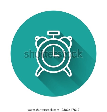 White line Alarm clock icon isolated with long shadow background. Wake up, get up concept. Time sign. Green circle button. Vector