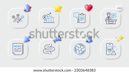 Air fan, Cyber attack and Intestine line icons. Buttons with 3d bell, chat speech, cursor. Pack of Fake news, Euro rate, Correct answer icon. Exhibitors, Clipboard pictogram. Vector