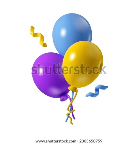 Air balloons vector 3d icon. Purple, yellow and blue simple birthday design, isolated on white background with festive confetti