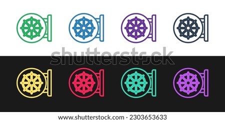 Set line Dharma wheel icon isolated on black and white background. Buddhism religion sign. Dharmachakra symbol.  Vector
