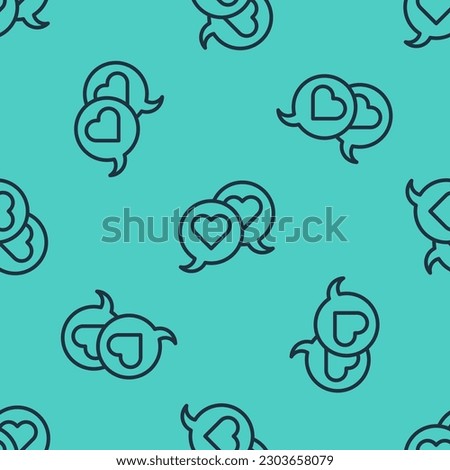 Black line Heart in speech bubble icon isolated seamless pattern on green background. Happy Valentines day.  Vector