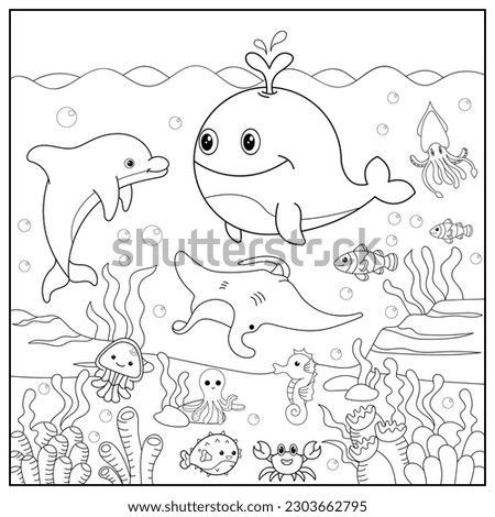 Vector illustration with algae, whale, turtle, sea horse, crab and fish, sea floor. Cute square page coloring book for children. Simple funny kid's drawing. Black lines, sketch on a white background.