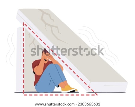 Fearful Man Hiding Under Concrete Slab For Safety During Earthquake. Male Character Frantic, Vulnerable, And Seeking Refuge From Impending Danger. Cartoon People Vector Illustration Royalty-Free Stock Photo #2303663631