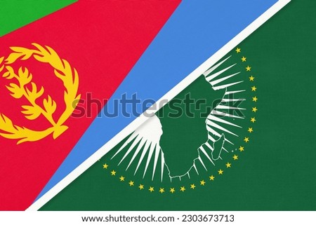 African Union and State of Eritrea national flag from textile. Africa continent vs Eritrean symbol.