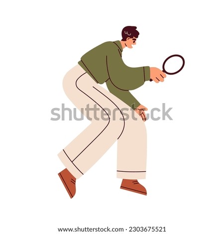 Business person searching, looking through magnifying glass, magnifier. Man examining, checking, studying, exploring. Audit, research concept. Flat vector illustration isolated on white background Royalty-Free Stock Photo #2303675521