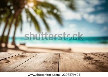Empty rustic wooden table on blur background of beautiful beach for mockup summer product display or travel ad. Picnic table with customizable space on table-top for editing. Flawless