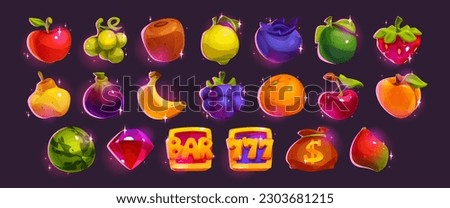 Casino slot machine match game fruit ui icon set. Gambling vector interface asset for classic spin design with cherry, diamond, banana, apple and peach. Isolated gold bar and 777 clipart cartoon