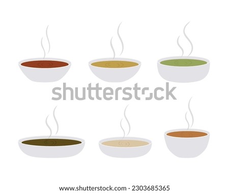 Soup with vegetables isolated on white background. Hot bowl of soup. Set. Royalty-Free Stock Photo #2303685365