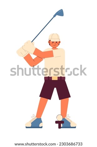 Young male golfer playing golf semi flat colorful vector character. Golf country club. Golfer in action. Editable full body person on white. Simple cartoon spot illustration for web graphic design