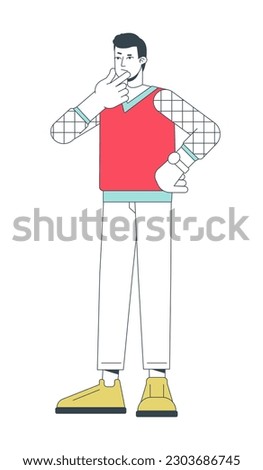 Focused pensive young caucasian man rubbing chin flat line color vector character. Editable outline full body person on white. Stylish guy simple cartoon spot illustration for web graphic design