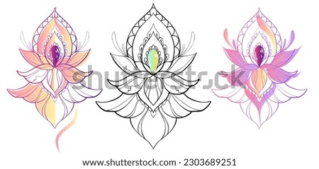 Filigree lotus flower, black vector, hand drawn on geometry sign. India yoga logo. Wall tattoo mantra. icons set. Blooming flowers.  blooming plants, various petals black and white, color 