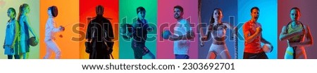 Collage made of different sportive people in uniform, doing diverse kind of sports, posing against multicolored background in neon light. Concept of sport, action and motion, competition, game Royalty-Free Stock Photo #2303692701