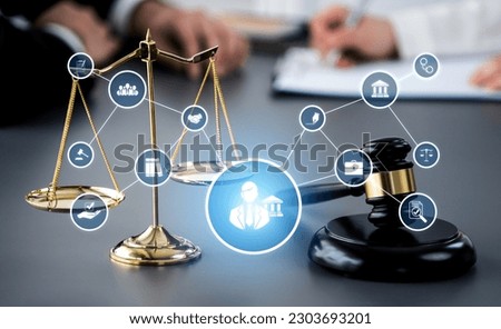 Smart law, legal advice icons and lawyer working tools in the lawyers office showing concept of digital law and online technology of astute law and regulations . Royalty-Free Stock Photo #2303693201