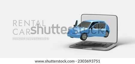 Blue 3D car with open doors. Selection of optimal car for rent. Car sharing advertising, web design. Rental of personal vehicles. Detailed information about car