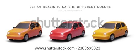 Set of different 3d realistic automobiles. Urban, city transport concept. Poster for car sales and rental company. Vector illustration in cartoon style in red and yellow colors Royalty-Free Stock Photo #2303693823